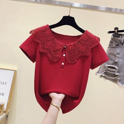 Summer Short Sleeve Fashion Splicing Lace Doll collar T-shirts Top new sweet T Shirt Womens T-Shirt 2021 aesthetic clothes