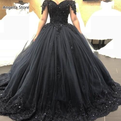 Gothic Black Ball Gown Wedding Dresses For Bride Appliques Lace Beads Off Shoulder Vintage Vestido de Novia Sparkly Bridal Dress