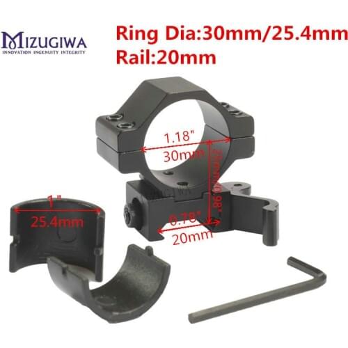 MIZUGIWA Tactical Hunting 30mm / 25.4mm 1" Quick Release Scope Mount Ring Adapter 20mm Rail Weaver Picatinny QD Flashlight Laser
