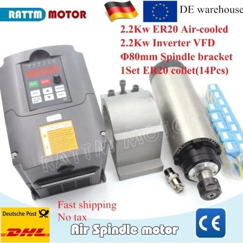 2200W / 2.2KW 400HZ 24000RPM air cooled cnc spindle motor + VFD inverter + 1set ER20 collet for CNC milling machine