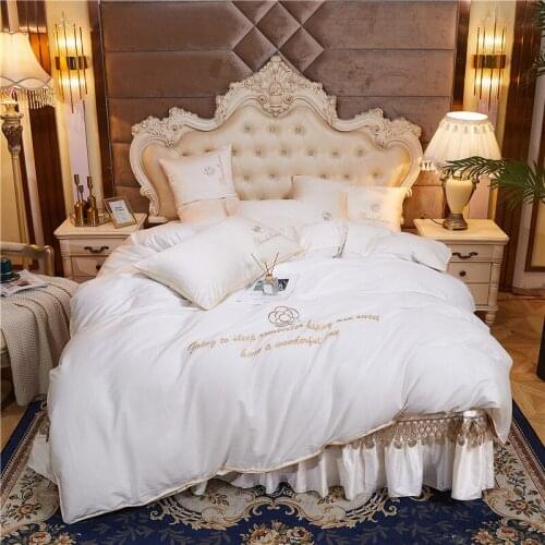 White 600TC Egyptian Cotton Gold Flowers Embroidery Bedding Set Double Duvet Cover Set Lace Thick Bedspread Bed Linen Pillowcase
