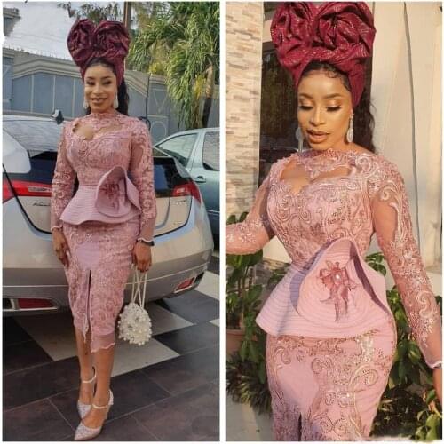 Nigerian Lace Formal Dress African Prom Gowns robe de soiree Pink Prom Gown Midi Front Slit Applique Peplum abendkleider