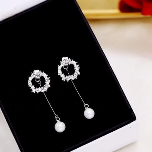 SWOUR New Fashion Round Long Drop Earrings CZ Pearl Jewelry for Women S925 Sterling Silver Wedding Party Christmas Gift S359