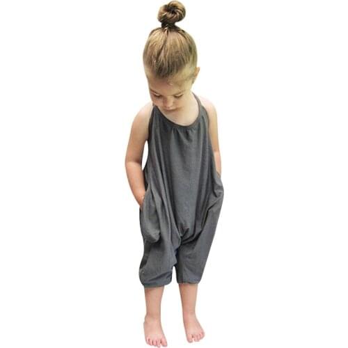 1-5 Year Kids Girls Sling Halterneck Jumpsuit Sleeveless Summer Bodysuits Cropped Trousers One Piece Pure Color Children Clothes