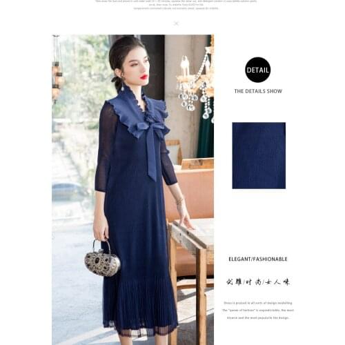 HOT SELLING Miyake fold dress of solid three quarter mesh v-neck Pleated dress IN STOCK