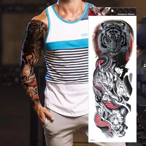 REALISTIC TIGER TEMPORARY TATTOO SLEEVE, FLOWER FULL ARM,TRIBAL, DRAGON, ARM, BLACK, MENS, WOMENS