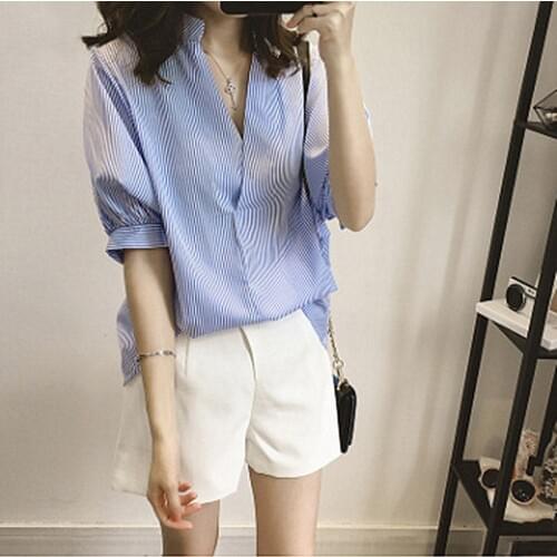 Spring Summer Hot Sales Cotton Middle Sleeve Women Shirt Stand Collar Big Yards Stripe Casual Shirt
