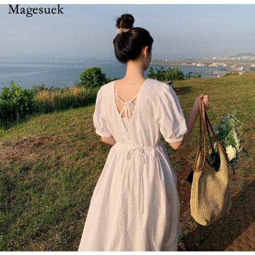 Chic Solid Cotton White O-Neck Dress Korean Summer Women Dress for Women Sweet French Party Dress Vestidos 14148