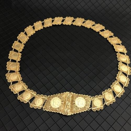 Stylish Algerian Metal Belt Golden Coin Chain Flower Design Caftan Belts French Traditional Holiday Jewelry For Women