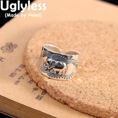 Uglyless Glossy Silver Elephant Rings for Women Personalized Wide Open Rings 925 Thai Silver Animals Elephants Jewelry Exotic