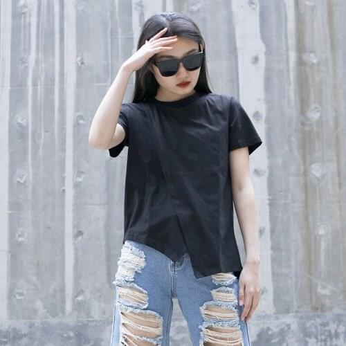Womens new summer round neck T-shirt personality fake two irregular large size women street hip hop nightclub wear