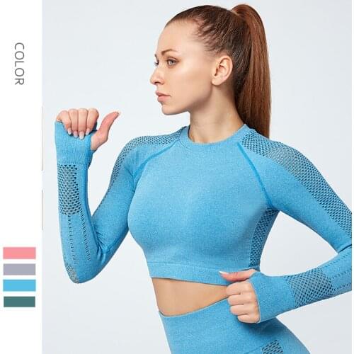 Seamless Crop Tops Sexy Yoga Full Sleeve Shirt For Women Workout Sportswear Gym Training Blouse Elastic Tights Fitness Clothing