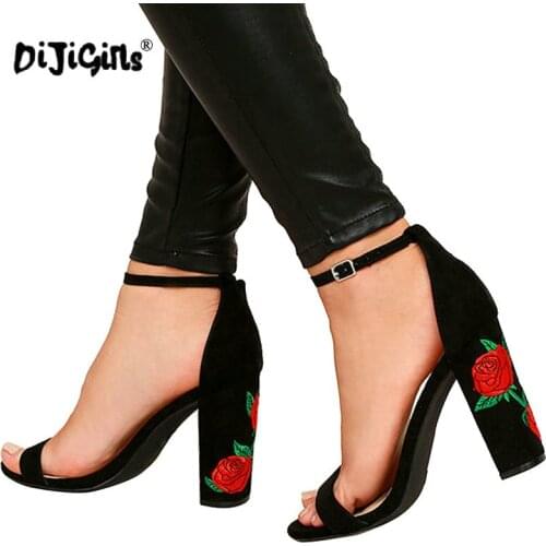 DIJIGIRLS 2018 Summer Flowers Embroidery Sandals Shoes Women Black High Square Heels Elegant Ladies Party Pumps Size 35-40
