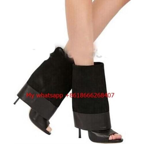 New Design Women 2 ways Wear Long Boots Black Leather Open Toe High Heels Shoes Spring Autumn Woman Blade Metal Heel Boot