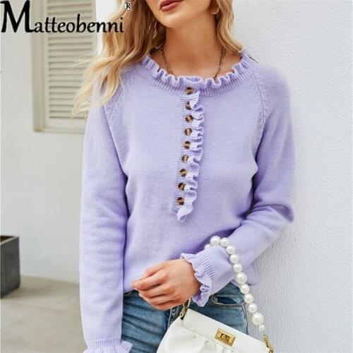 Womens Slim Sweaters Spring Autumn Long Sleeve Ladies Solid Frills Round Neck Jumper Casual Knitted Tops Buttons Female Pullover