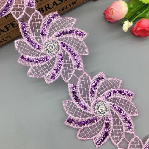 1 yard 7.5cm Purple 3D Flower Shiny Embroidered Glitter Lace Trim Applique Ribbon Fabric Sewing Craft DIY Handmade Wedding Dress