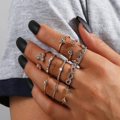 10Pcs/Set Boho Knuckle Rings Crown hollow heart Flowers Geometric Rings Set For Women Fashion Crystal Joint Ring Female Jewelry