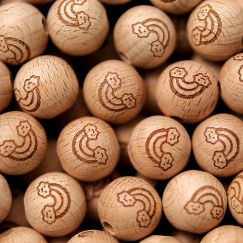 16mm 10Pc Baby Teether Wooden Beads DIY Pacifier Chain Bracelet BPA Free Print Baby Teething Product Beads Accessories Toy