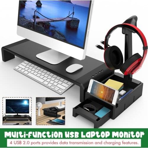 4 USB Ports Charging Desk Computer Monitor Riser Headset Rack Drawer Monitor Holder Folding Screen Shelf Lapdesk Stand 15KG 33lb