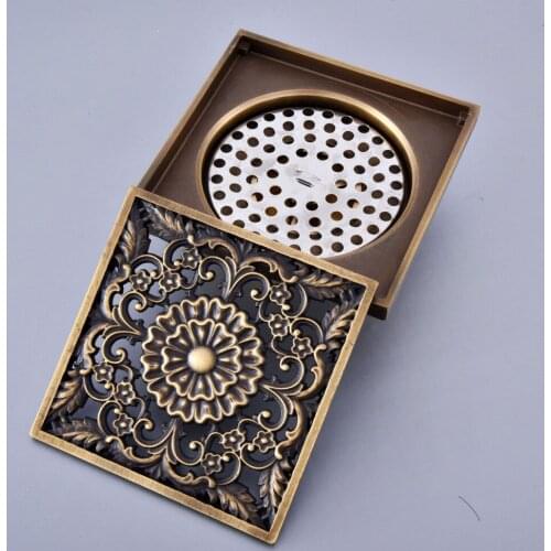 Antique Brass Vintage Retro Carved Flower Pattern Bathroom Shower Drain 4" Square Floor Drain Waste Grates ahr061