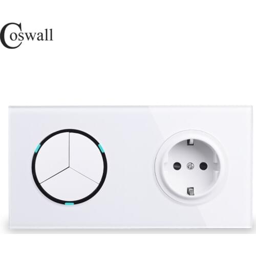 Coswall White Crystal Glass Panel 16A EU Russia Standard Wall Power Socket + 3 Gang 1 Way On / Off Light Switch LED Indicator