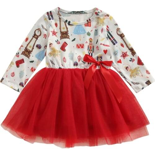 Kids Dress, Cartoon Patterns Print Round Neck Long Sleeve Stitching Gown for Girls, Red, 1-6 Years