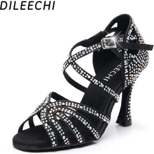 DILEECHI Latin dance shoes women Salsa shoes Sandals Ballroom Dancing shoes Tango for womens Party Dance Shoes satin heel 9cm