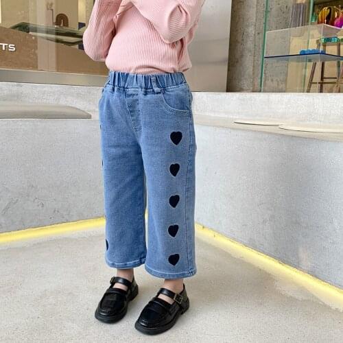 Childrens Jean Pants 2021 Spring and Autumn Girl Wide Leg Denim Pants Korean Love Print Loose Trousers for Baby Girl Kids Jeans