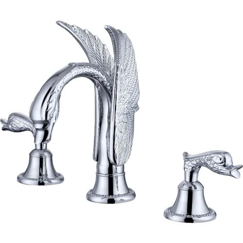 Free ship Chrome Clour 3 pcs swan sink faucet widespread lavatory basin mixer tap New deck mounted swan handles luxury