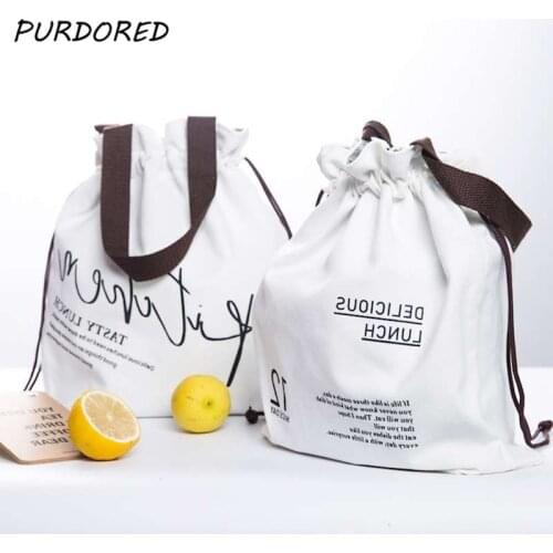 PURDORED 1 Pc White Letters Insulated Lunch Bags Thermal Insulated Lunch Box Bag Food Picnic Bag Cooler Bento Bag for Kid Tote