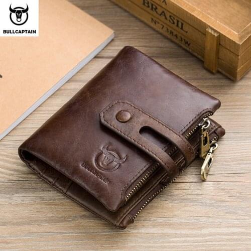 Genuine Cow Leather Men Wallet RFID Small Mini Money Photo Card Holder Chain Double Zipper Hasp Purse Trendy Hombres Cartera