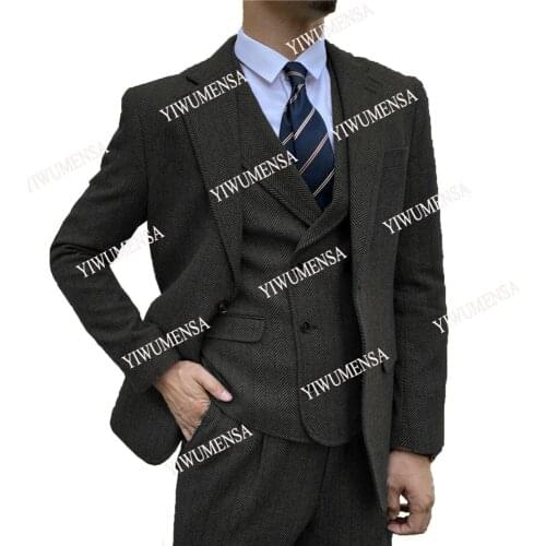 Winter/ Autumn Tweed Wool Herringbone Formal Men Suits Tailor-Made 3 Pieces Jacket+Vest+Pants Slim Fit Wedding Groom Blazer 2021