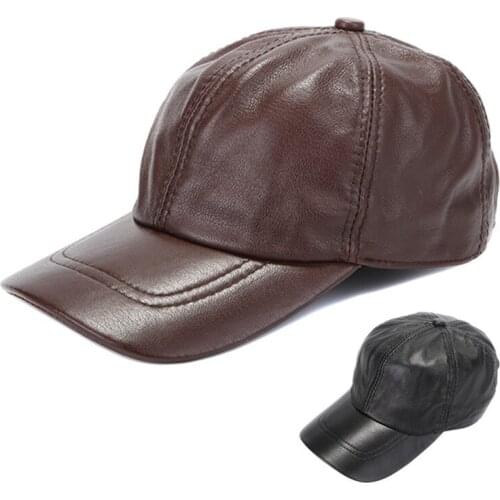 Man Genuine Leather Baseball Hat Spring Fall Winter Adjustable Male Cap Fashion Short Eave Pure Color Sport Casual Men Caps H266
