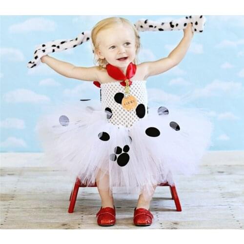New Baby White Dog Tutu Dress Girls Crochet Red Strap Dress with Black Dots and Hairbow Kids Party Cartoon Costume Cosplay Dress