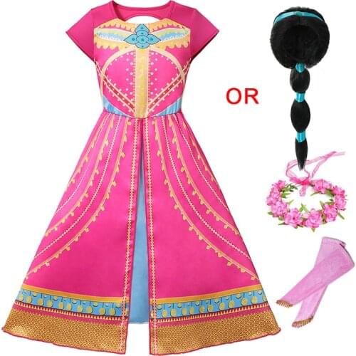 Girls Princess Dress up Jasmin Cartoon Aladdin Costume Child Christmas Party Fancy Printed Clothes Kids Pink Dress Jasmin Wig