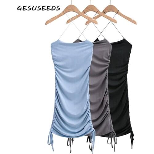 Sexy spaghetti strap dress summer bodycon dresses women elegant midi dress solid halter dress criss cross drawstring vestidos