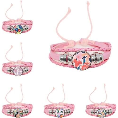 Dropship Abstract Flowers Inspired Bracelet Glass Cabochon Flower Floral Pink Snap Button Leather Bangle For Women Girls Gift