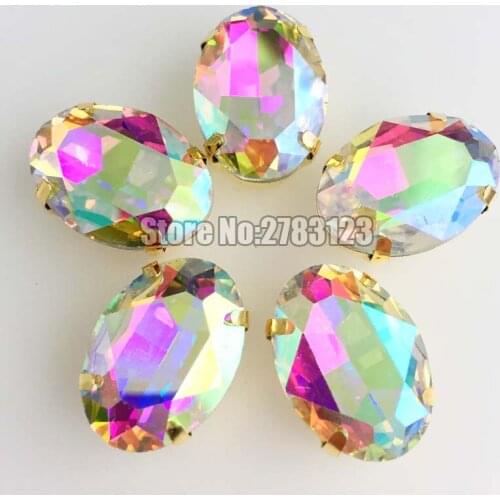 Golden base AB color oval shape flatback AAA Glass Crystal sew on rhinestones diy/ Clothing decoration 10x14mm 13x18mm 18x25mm