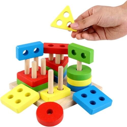 Building Blocks sorter Child Gift Baby Toys 4 colors Wooden Geometric Sorting Board Block Kids Educational Geometry Toys