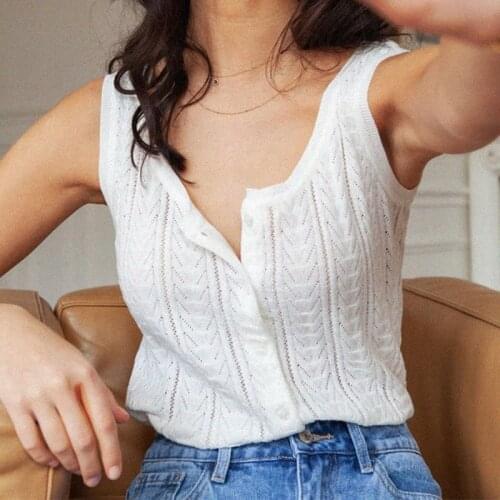 Strapless Knit Tops Elegant White Button V Neck Sexy Backless Camisole Knitwear Ladies Hollow Out Vintage Chic Pull Casual