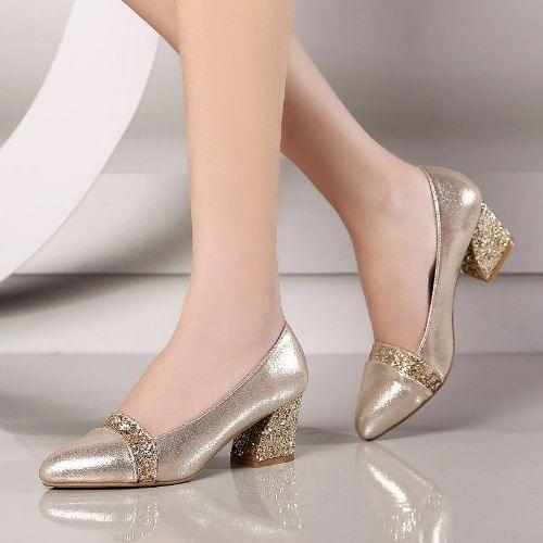 LIHUAMAO sequin women shoes square heel wedding work comfort pointed toe shoes pumps slip on high heel