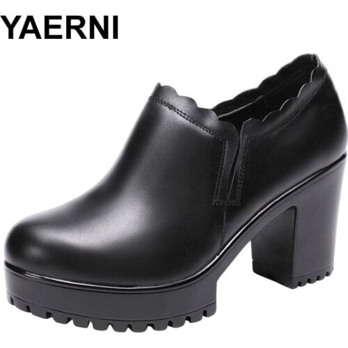 YAERNI leather shoes | Womens Round Toe Pumps Sapato feminino High Heels Shallow Fashion Black Plus Size 35-43 Work Shoe