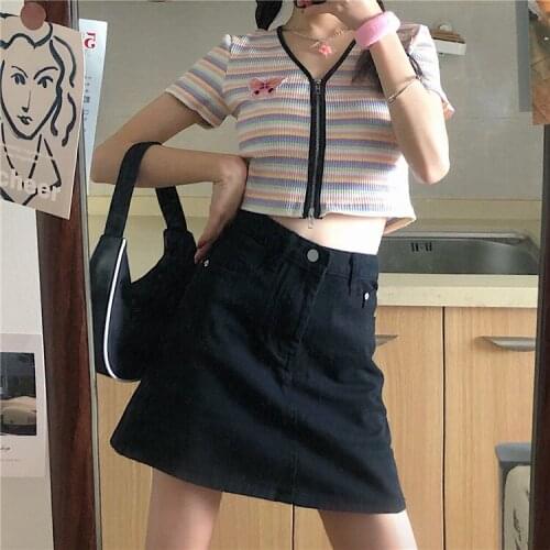 E-Girls V-neck Short-sleeved Knitted T-shirt Women All-match Crop Tops Butterfly Embroidery Rainbow Stripes Double Zipper Top