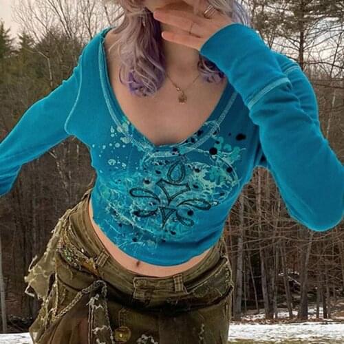 Grunge Fairycore Printed Blue Crop Top y2k Long Sleeve Knitted V Neck T-shirt Pullovers Women Kawaii Harajuku Autumn Tees Shirt