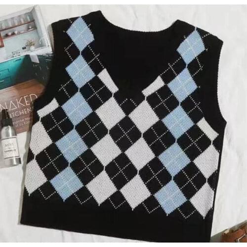 Womens knitted vest V Neck Vintage Argyle Sweater sleeveless waistcoat waistcoat ​top Plaid Women vest