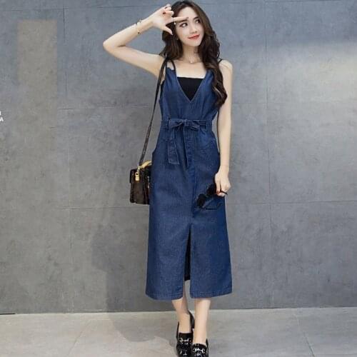Summer New Fashion Women Spaghetti Strap Mid-Calf Length Dress Office Lady Backless Sashes Belted Slim Fit Jean Denim Dresses