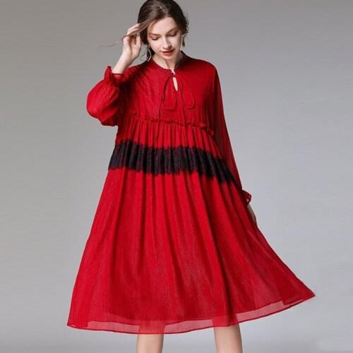 2020 Spring new plus size womens casual fashion loose dresses long sleeve lace-up lace patchwork flicker chiffon Elegant dress