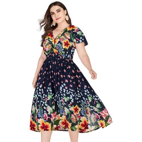 Plus Size Womens Dresses Medium Long Positioning Flowers Loose Fashion Slim V-neck Waist Swing Short Sleeve Dresses Summer