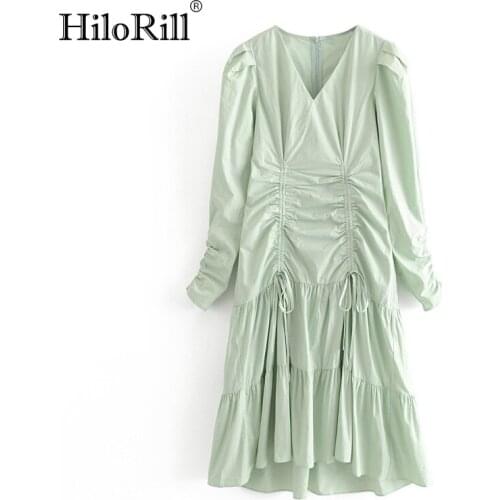HiloRill Women Vintage Drawstring Pleated Midi Dress Elegant V Neck Green Party Dress Puff Long Sleeve Solid Dresses Robe Femme