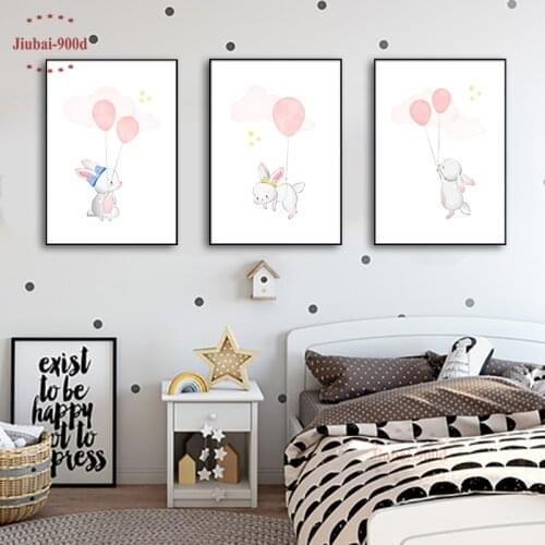 900D Kids Room Cartoon Animal Poster Cute Bunny Picture Canvas Painting Nursery Wall Art Decorative Balloon Print Pictures NUR25